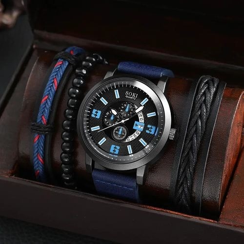 Ensemble Montre et 3 Bracelet décontractés en Simili Cuir Pour Homme - Bleu