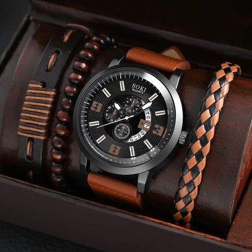 Ensemble Montre et 3 Bracelet décontractés en Simili Cuir Pour Homme - Marron