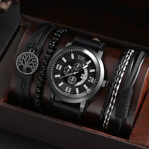 Ensemble Montre et 3 Bracelet décontractés en Simili Cuir Pour Homme - Noir